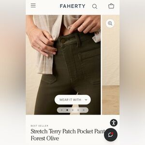 Faherty Stretch Terry Patch Pocket Pant - Forest Olive. Size 29. NWT.